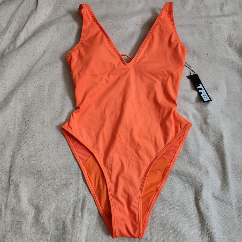 New TA3 Hi Cut Plungey 2.0 One Piece Swimsuit Orange Lace Up Back Large Short